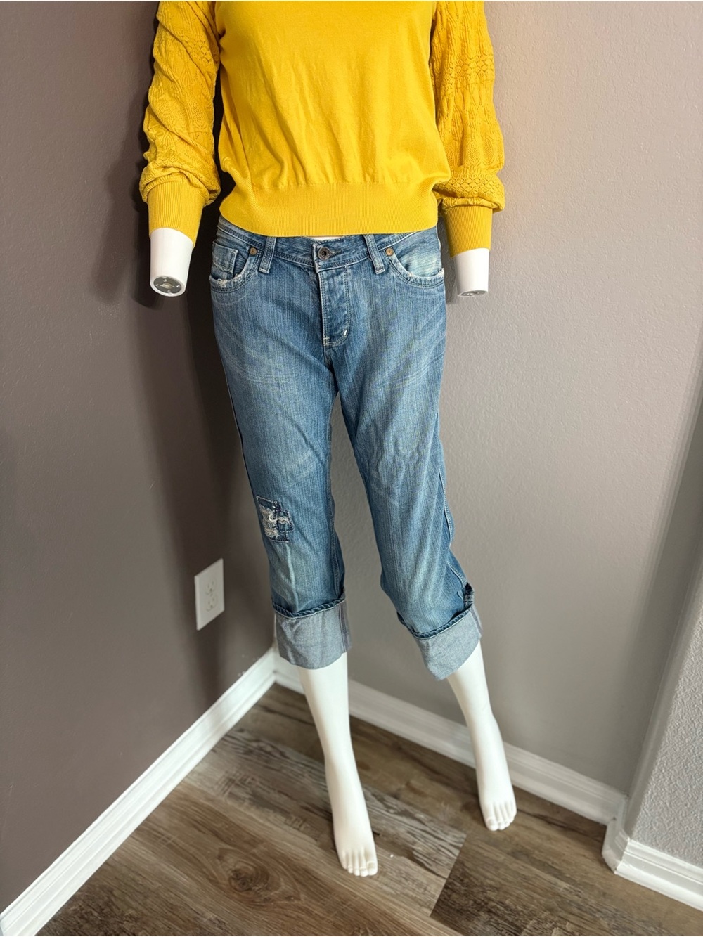 No. 67 Women’s Low Rise Button Fly Large Cuff Distressed Denim Capri